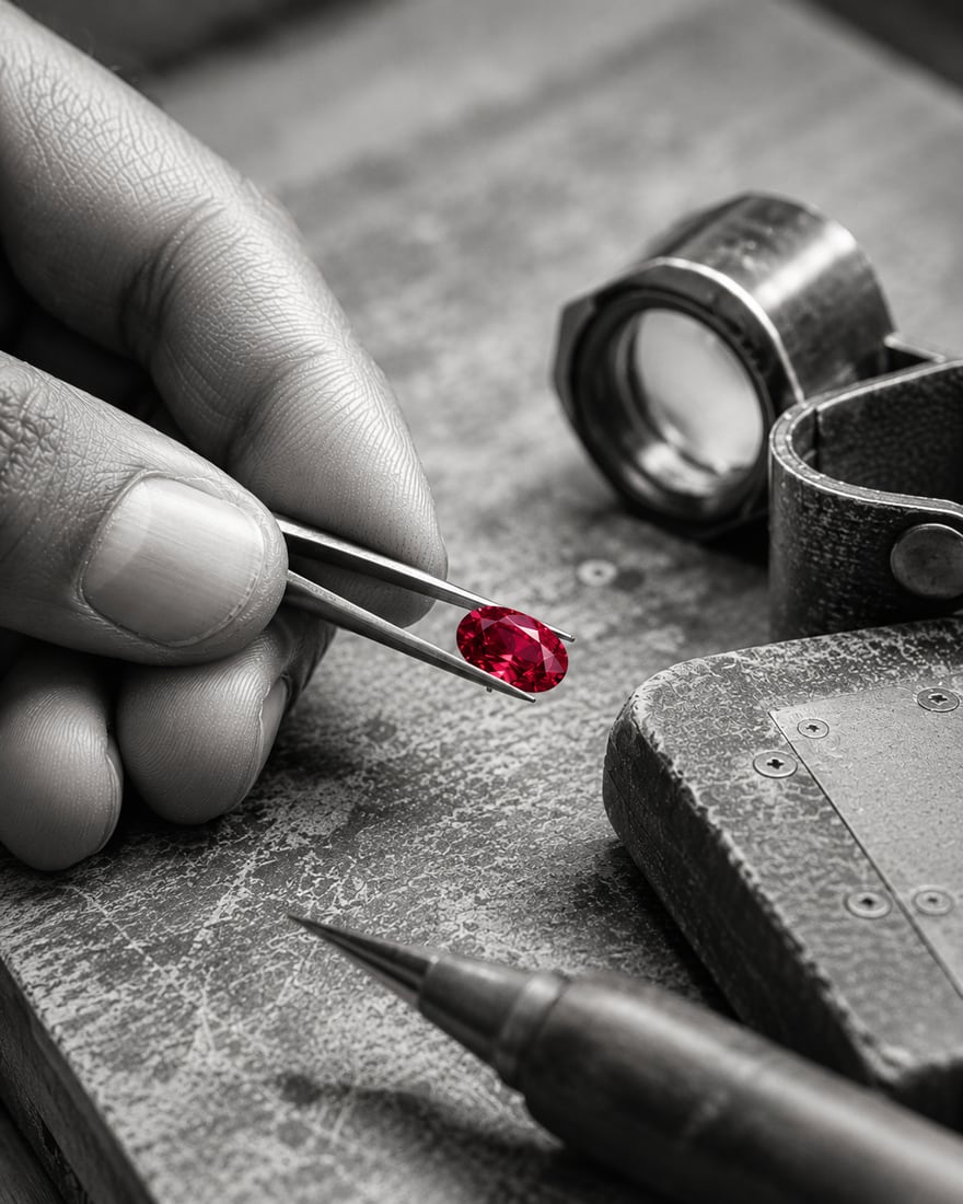A ruby held in tweezers on an artisan workbench