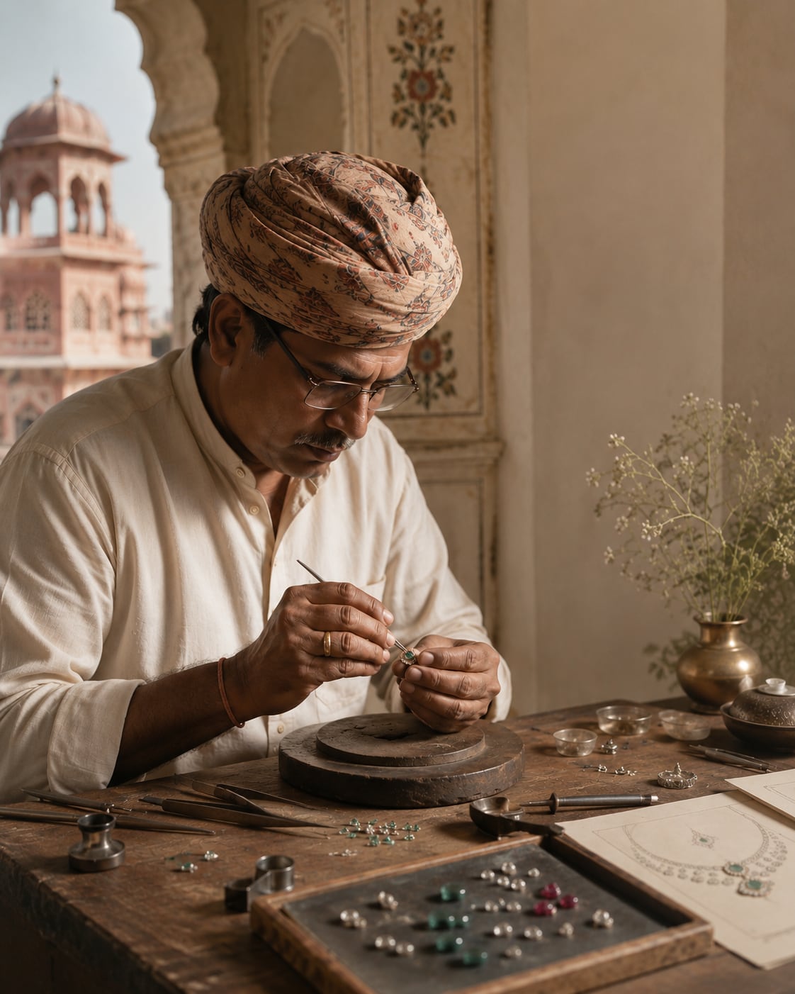 A Jaipur master artisan at the workbench, setting gemstones by hand